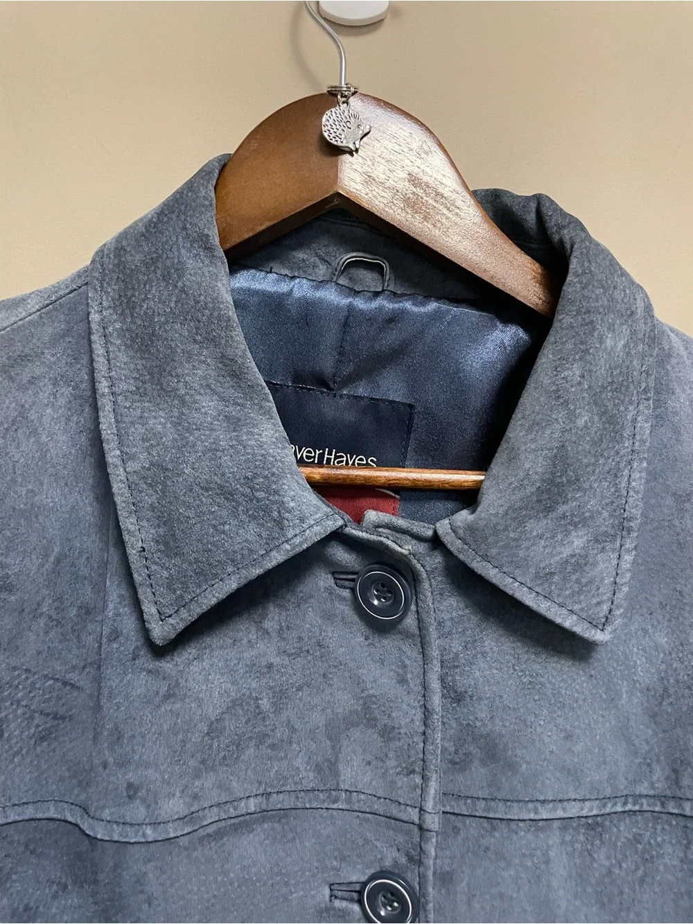 Denver Hayes Slate Blue Leather Suede Button-Up Trench Coat Women’s Large - Picture 6 of 12